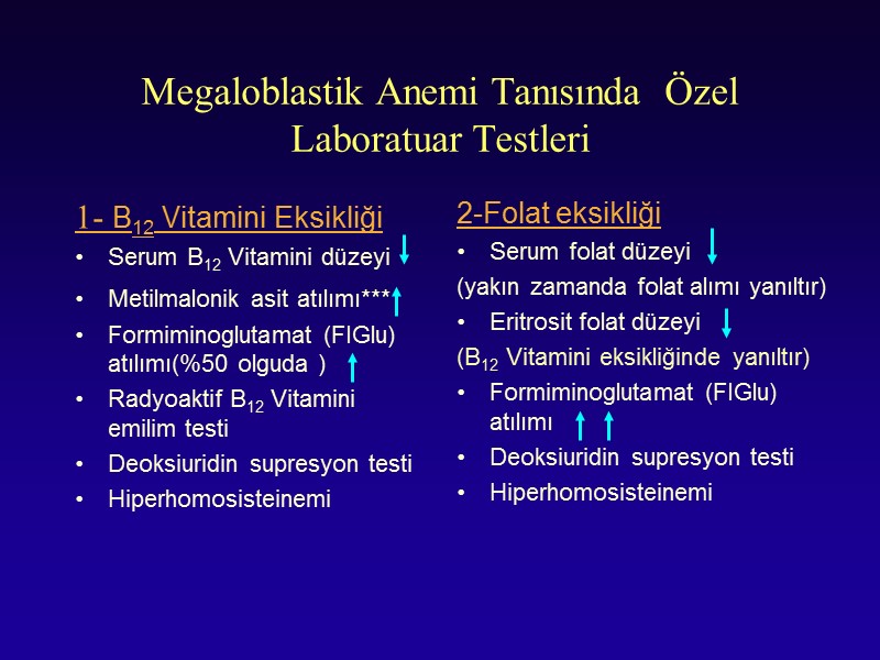 Megaloblastik Anemi Tanısında  Özel Laboratuar Testleri 1- B12 Vitamini Eksikliği  Serum B12
